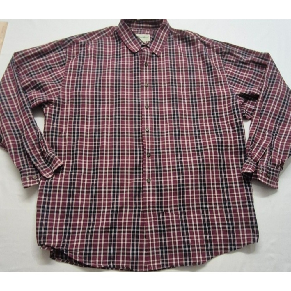 VTG Eddie Bauer men's maroon/black plaid long sleeve button up shirt XXL Cotton‎